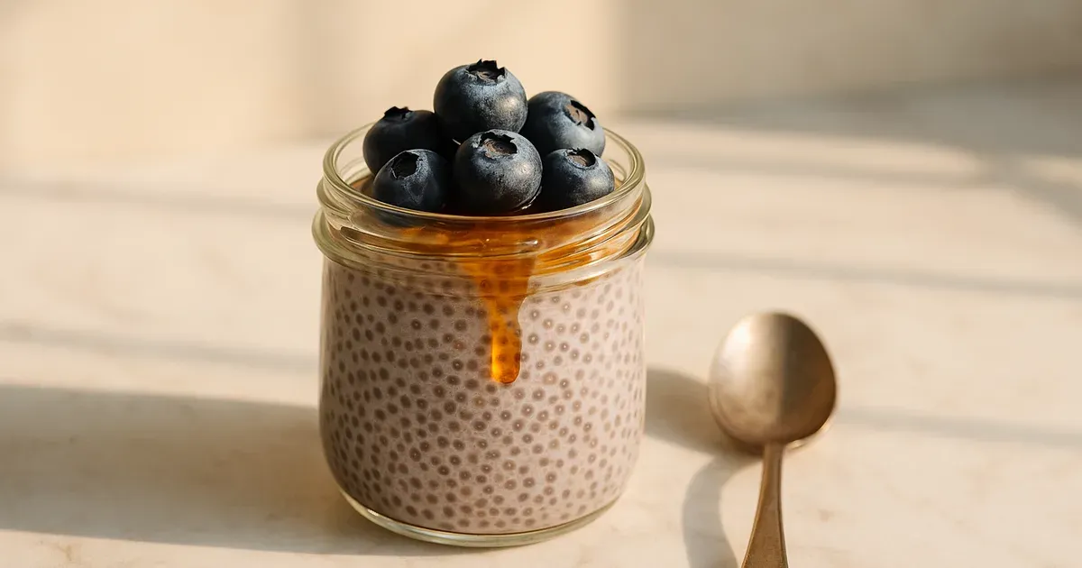 Overnight chia seed pudding topped with blueberries and maple syrup in a glass jar — a low FODMAP snack recipe
