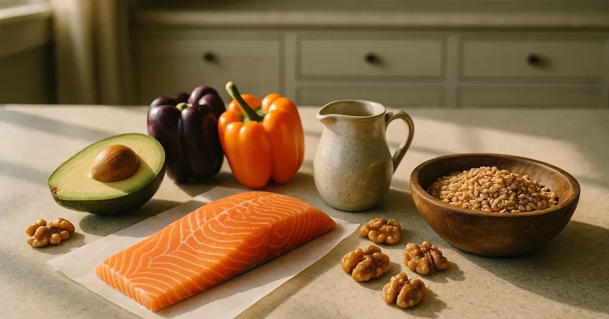 Organised kitchen counter with anti-inflammatory foods for meal planning for arthritis including salmon, avocado and walnuts