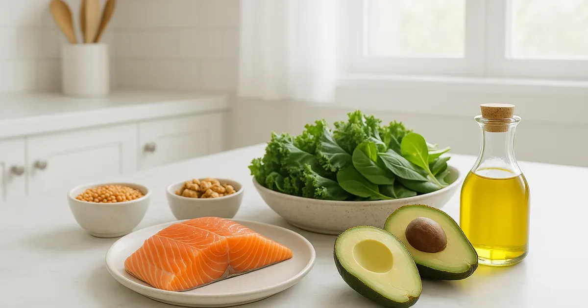 Anti-inflammatory meal planning for arthritis ingredients including salmon, avocado, walnuts and leafy greens on a kitchen counter