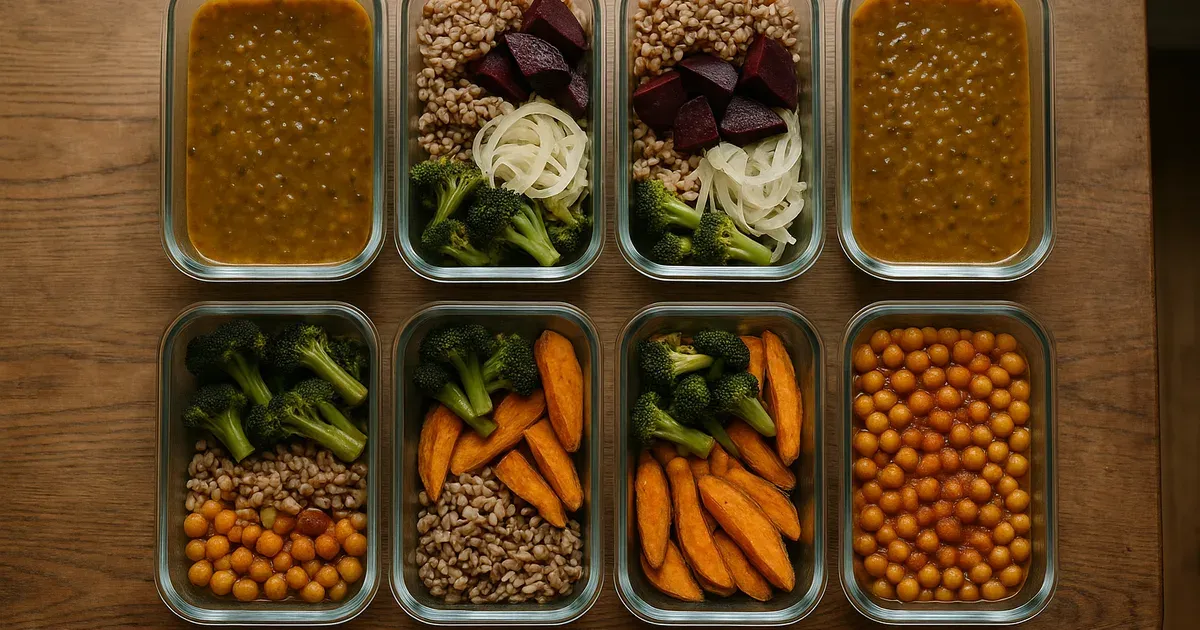 Glass meal prep containers with colourful anti-inflammatory meals including lentils, grains and roasted vegetables