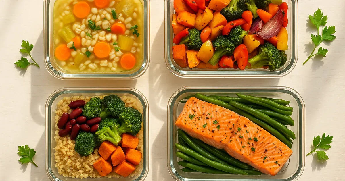 Meal prep containers with anti-inflammatory arthritis-friendly foods including barley soup, quinoa and roasted vegetables