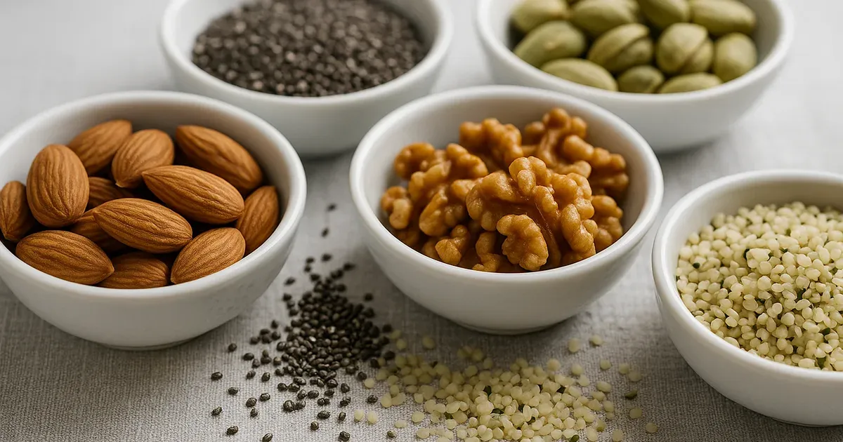 Ceramic bowls of almonds, walnuts, chia seeds and hemp seeds — anti-inflammatory nuts and seeds for arthritis diet