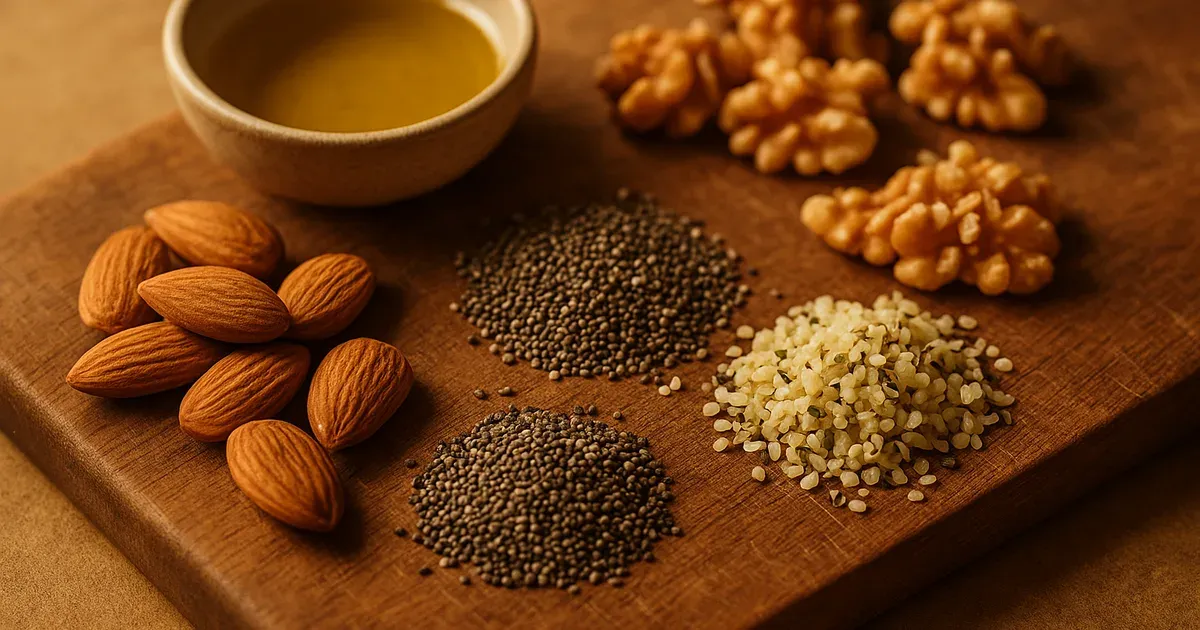 Nuts and seeds including walnuts, almonds and chia seeds for anti-inflammatory meal planning for arthritis