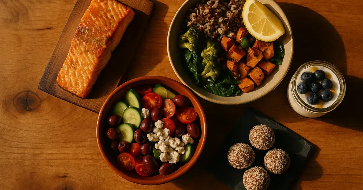 Flat-lay of two-day anti-inflammatory meal plan for arthritis featuring salmon, quinoa bowl, Mediterranean salad and Greek yogurt