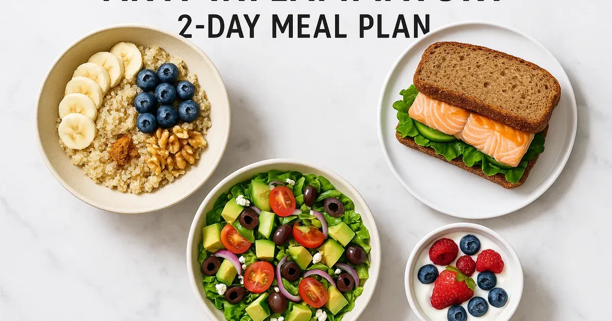 Two-day anti-inflammatory meal plan for arthritis featuring salmon, quinoa bowl, Mediterranean salad and Greek yogurt