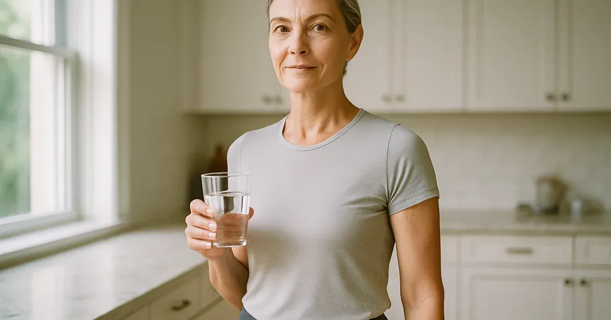 Woman in her 50s in athletic wear standing confidently in a bright kitchen — menopausal belly fat health concept