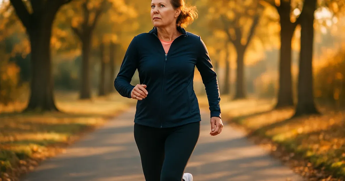 Middle-aged woman walking briskly outdoors on a sunny path as part of an exercise routine to reduce menopausal belly fat