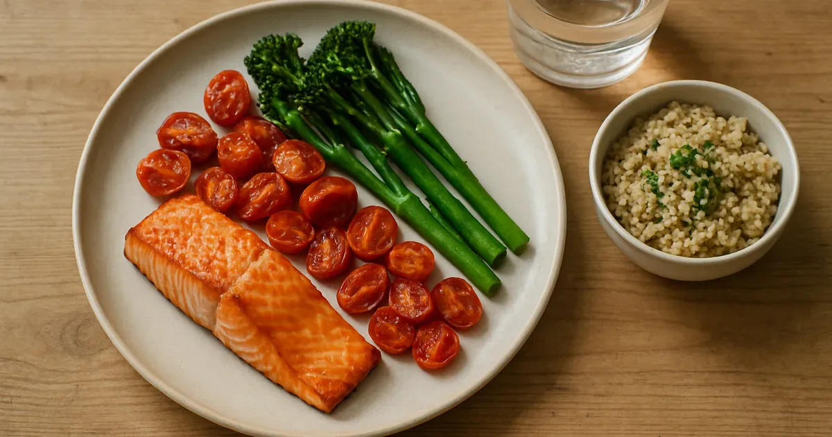 Overhead flat-lay of a balanced healthy meal with lean protein and vegetables to support menopausal belly fat reduction
