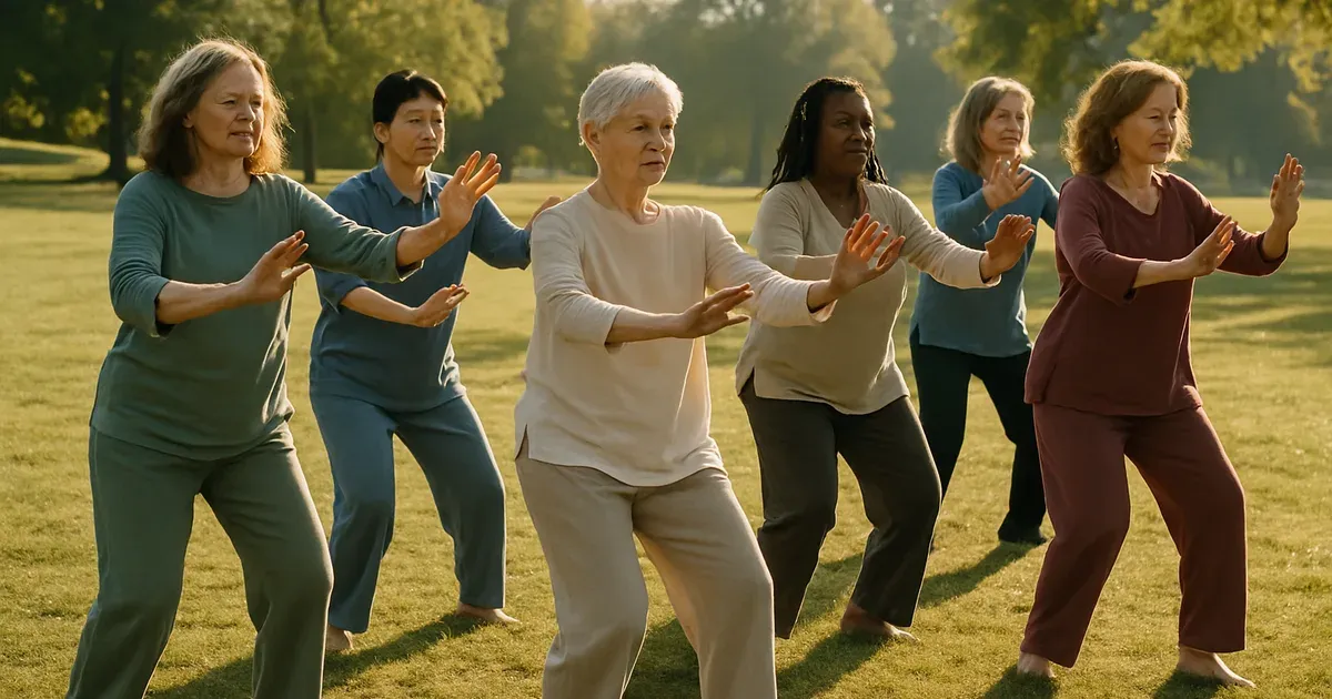 Group of women over 50 practising tai chi in a sunny park to help reduce menopausal belly fat