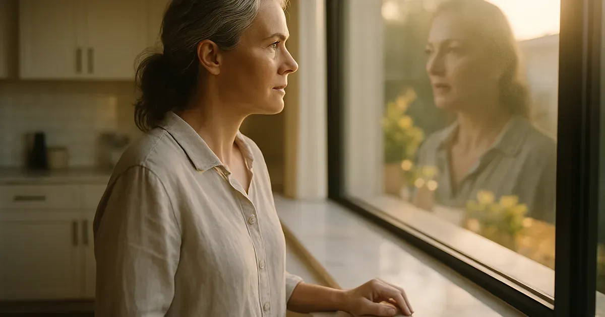 Middle-aged woman reflecting on menopause belly fat changes in a bright kitchen