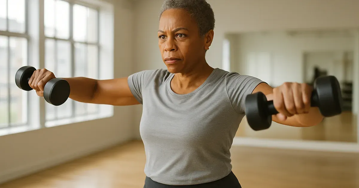 Woman in her 50s doing strength training to combat menopause belly fat and bone loss