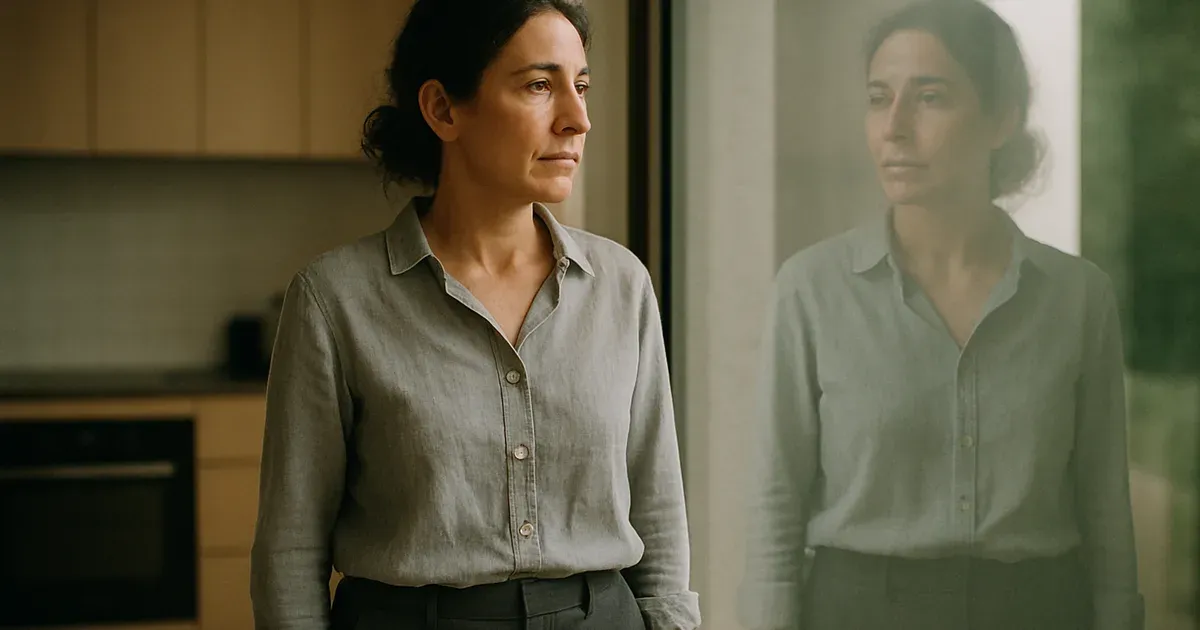 Woman in her 50s reflecting on menopause belly fat changes in a bright kitchen