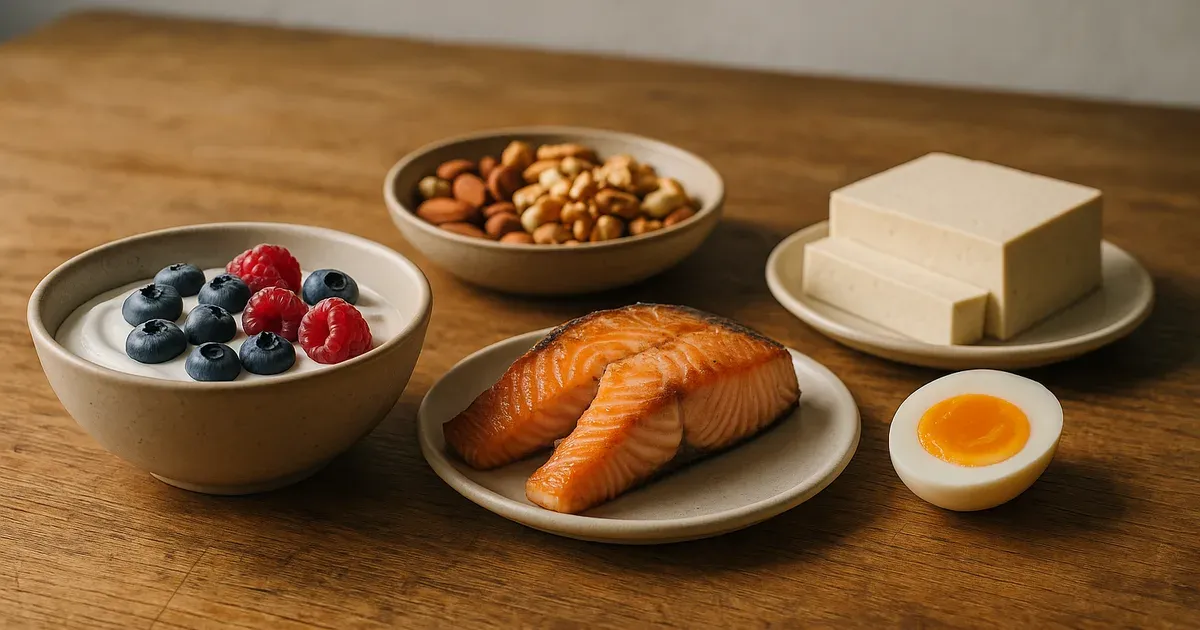 High-protein foods including Greek yogurt, salmon, nuts and tofu to help reduce menopause belly fat