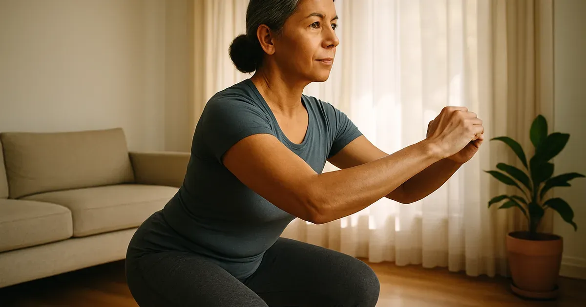 Woman in her 50s doing a squat at home as part of a strength training routine to combat menopause belly fat
