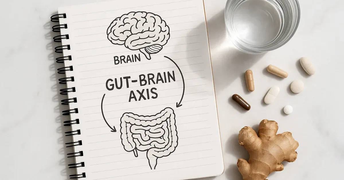 Diagram of gut-brain axis alongside supplements representing menopause digestive health management strategies