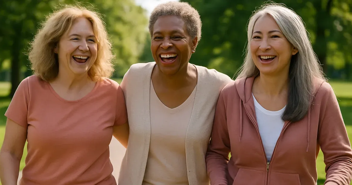 Group of midlife women walking outdoors representing shared experiences of menopause digestive health challenges