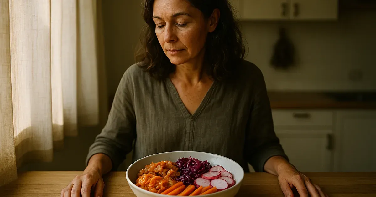 Woman in her 50s considering gut-healthy foods linked to menopause and the gut microbiome