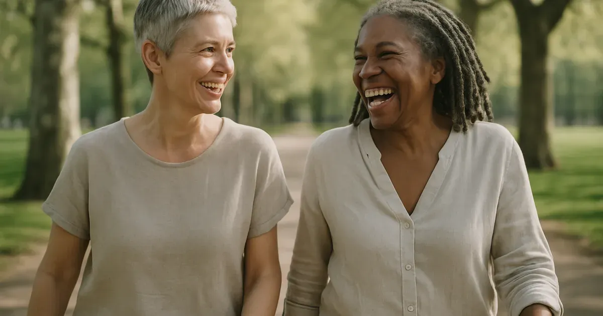 Two post-menopausal women walking outdoors, illustrating healthy ageing and gut microbiome research for women's wellbeing