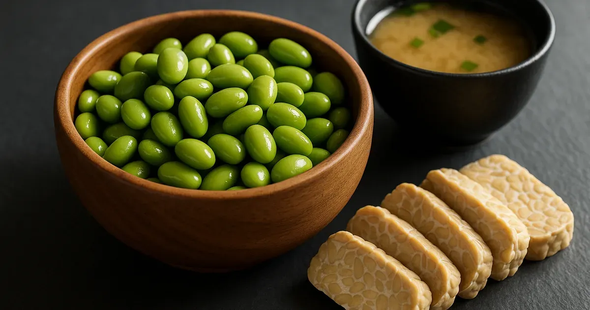 Edamame, tempeh, and miso soup — soy isoflavone-rich foods that may reduce menopause symptoms