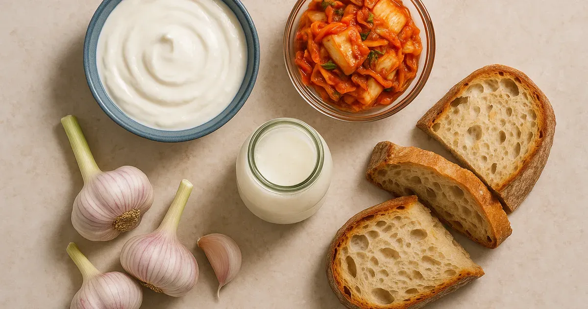 Probiotic and prebiotic foods including yogurt, kimchi and garlic to support gut health and metabolism after 40