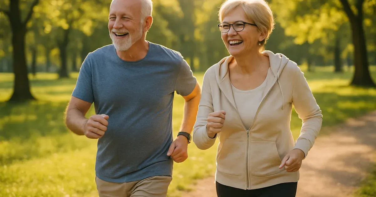 Older adults walking in park — staying active as you age helps counter metabolic slowdown and weight gain