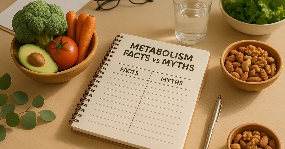 Notebook with metabolism myths and facts written on it surrounded by healthy foods on a nutritionist's desk