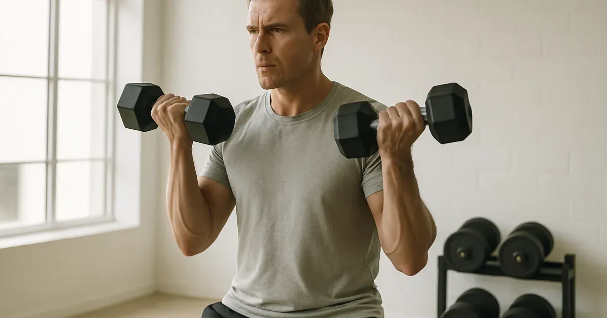 Person lifting dumbbells in a bright gym illustrating strength training and its modest effect on metabolism