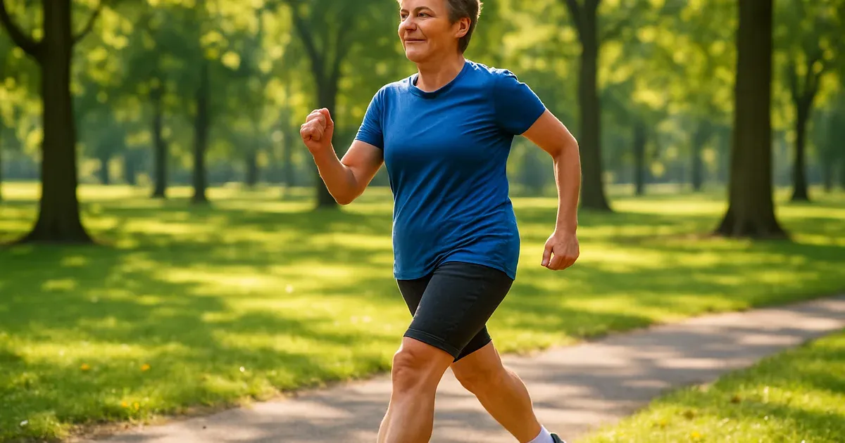 Middle-aged person walking briskly in a sunny park showing how staying active counters metabolism slowdown with age