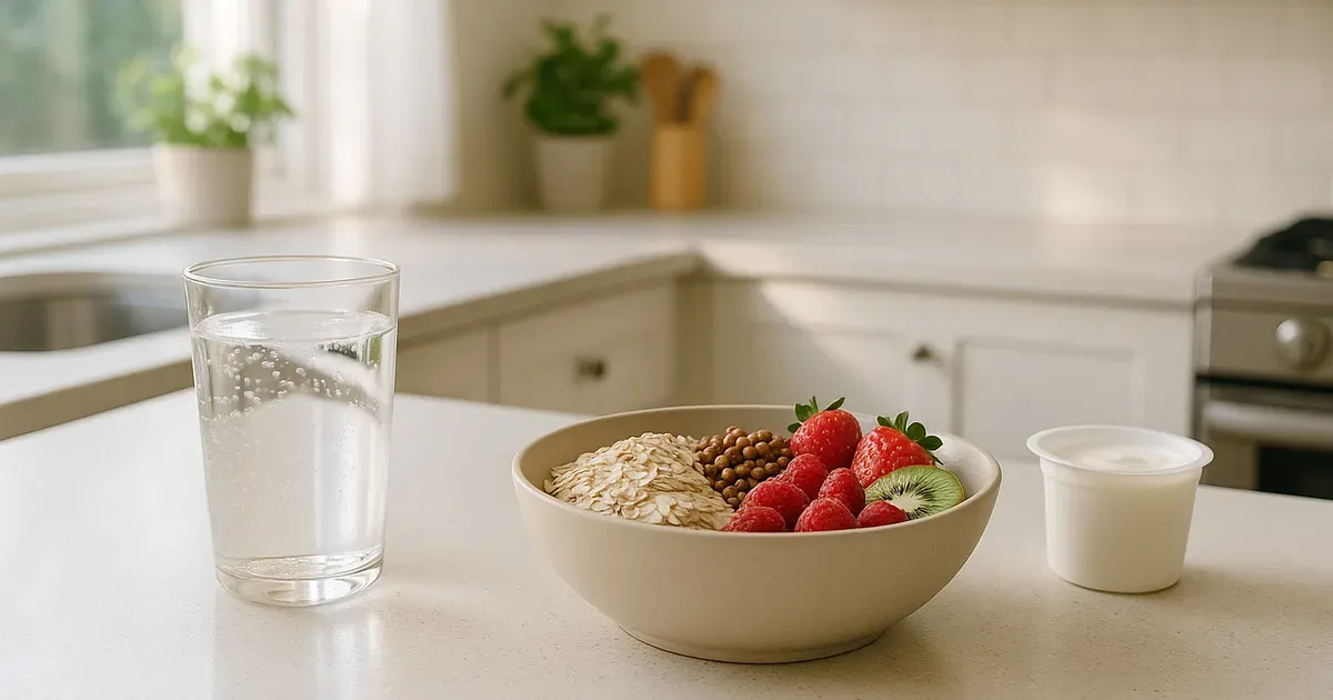 Glass of sparkling water and high-fiber foods on a kitchen counter — natural constipation remedies