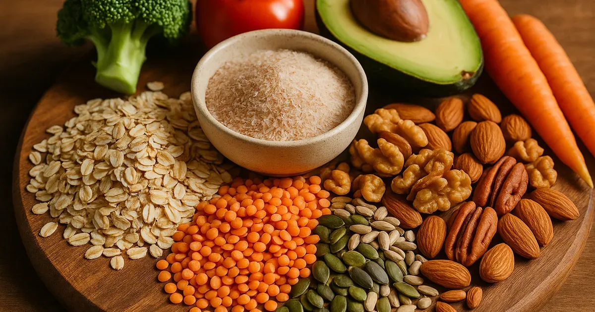 Assorted high-fiber foods including psyllium, oats, lentils and seeds for natural constipation relief