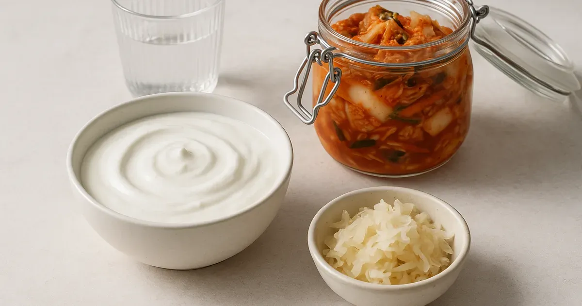 Probiotic foods including yogurt, kimchi, and sauerkraut for natural constipation relief