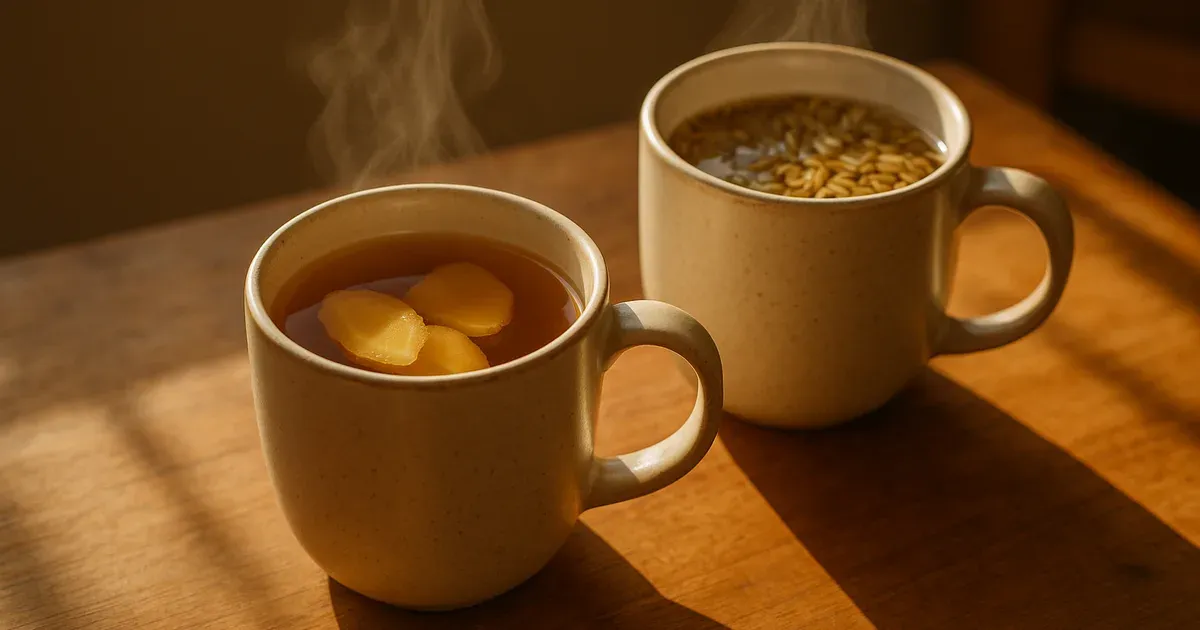Steaming mugs of ginger and fennel herbal tea, natural laxative teas for constipation relief