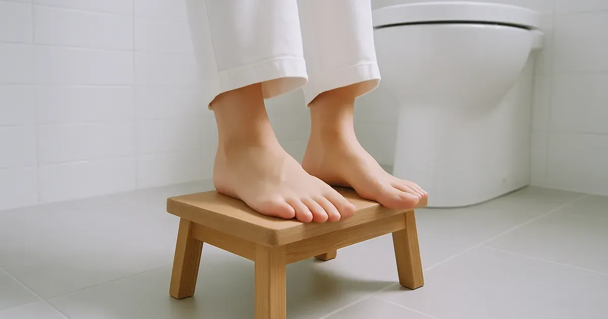 Feet on a toilet step stool raising knees above hips — toilet posture for natural constipation relief