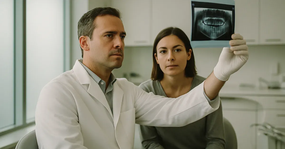 Dentist reviewing X-ray with patient, illustrating the link between oral health and chronic pain
