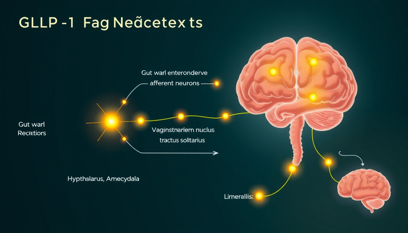 Diagram showing GLP-1 receptor distribution across the gut-brain axis including gut wall, vagus nerve, brainstem, and limbic system