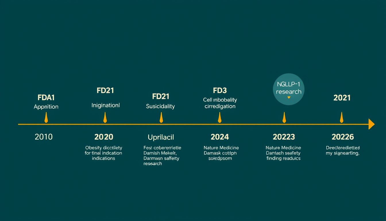 Timeline of GLP-1 research milestones related to microbiome effects and psychiatric safety signals