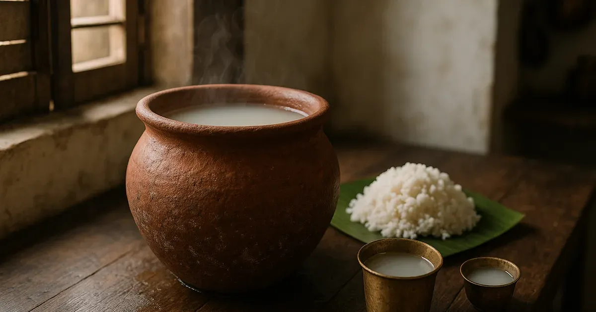 Clay pot of pazhaya kanji fermented rice drink for gut health on a rustic wooden surface