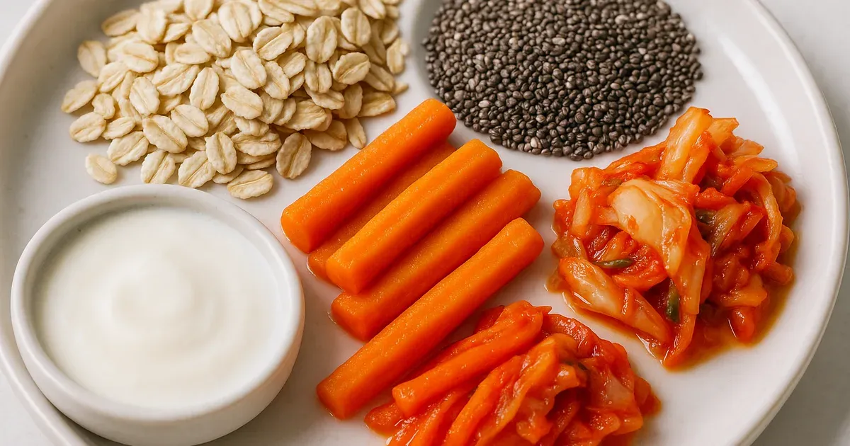 Gut-friendly foods including oats, chia seeds and fermented foods to support perimenopause gut health