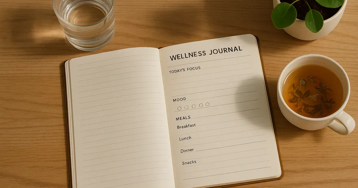 Wellness journal and morning routine items representing daily gut health habits during perimenopause