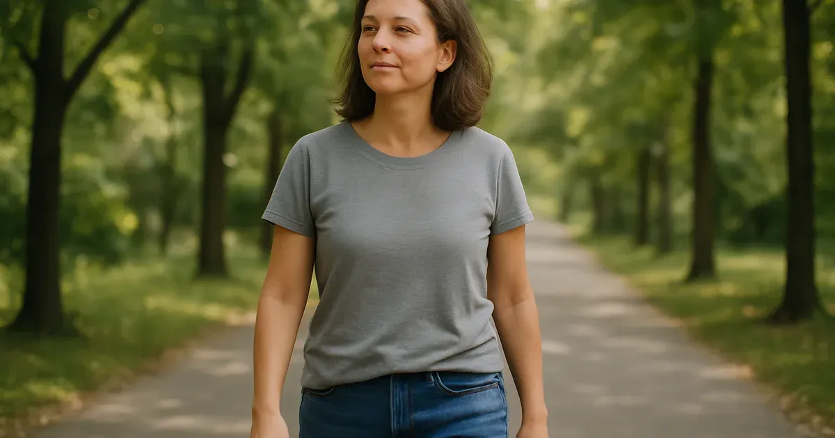 Woman walking outdoors to support gut motility and stress management during perimenopause