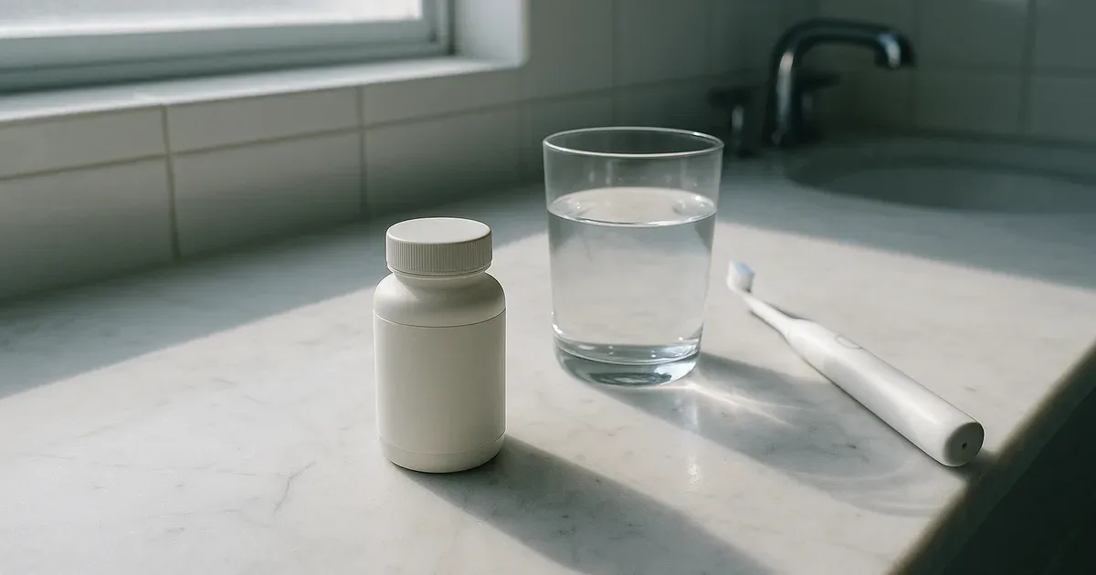 ProDentim oral probiotic supplement bottle on a bathroom counter beside a toothbrush and glass of water