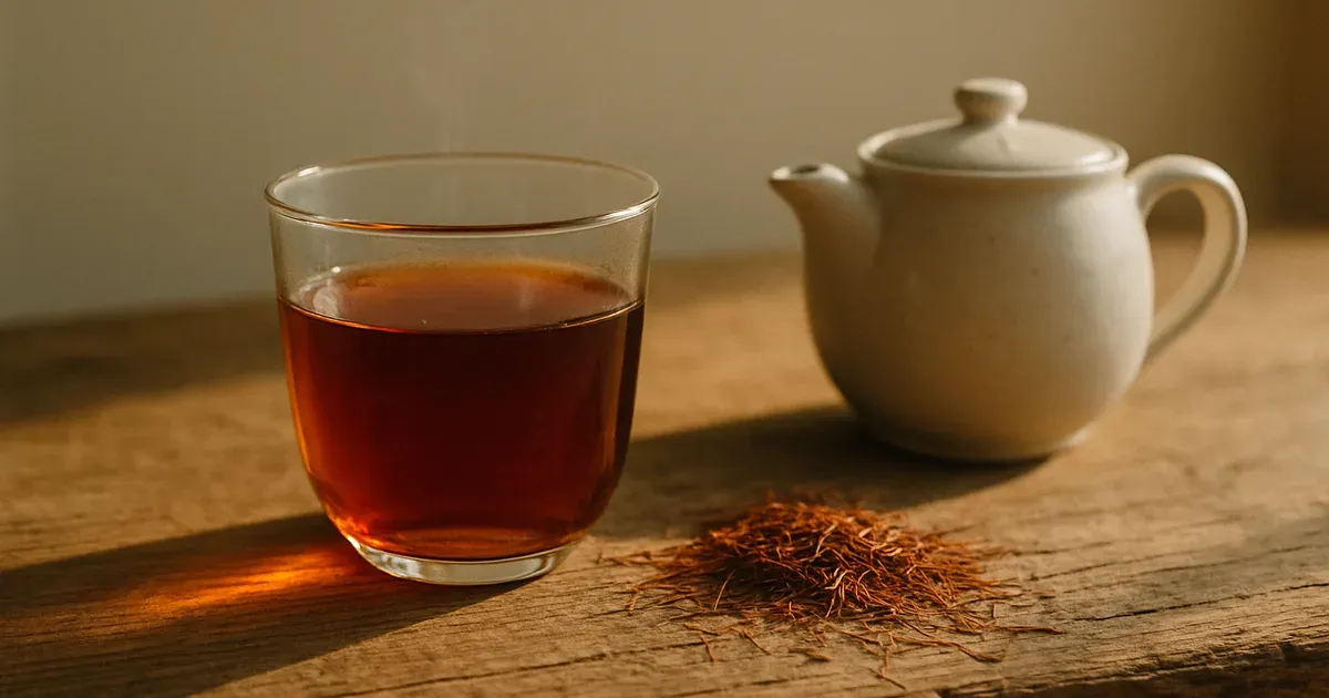Glass cup of rooibos tea with dried leaves on a wooden surface, illustrating rooibos tea gut health benefits