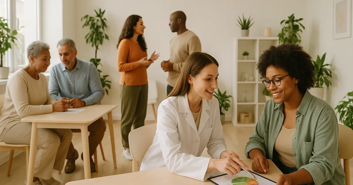 Adults consulting a healthcare professional about the science of losing weight in a modern wellness clinic
