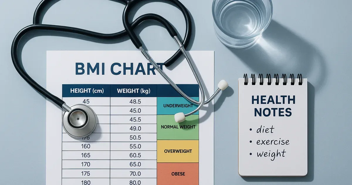 BMI chart and stethoscope on a doctor's desk illustrating obesity health risk assessment