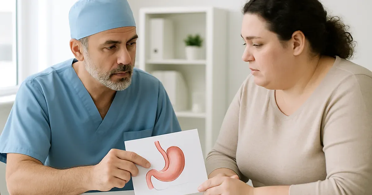 Bariatric surgeon consulting a patient about sleeve gastrectomy or gastric bypass weight loss surgery