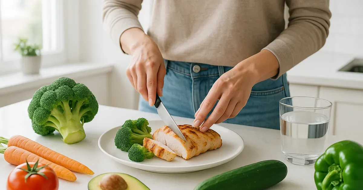 Person preparing a healthy balanced meal as part of a sustainable science-based weight loss plan