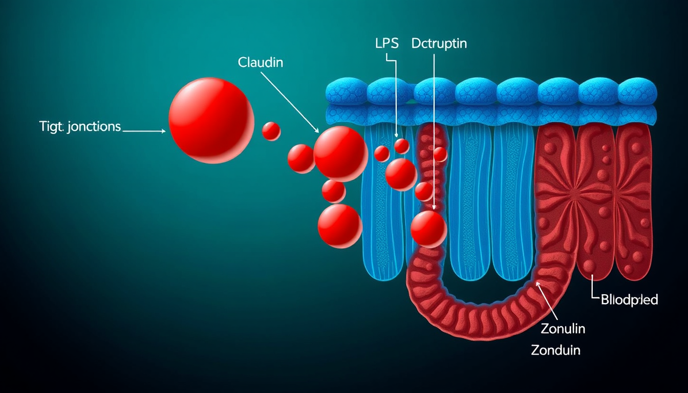 Diagram of intestinal permeability showing disrupted tight junctions allowing LPS to cross the gut barrier