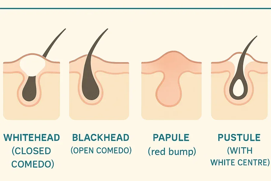 Illustrated cross-sections of four acne spot types