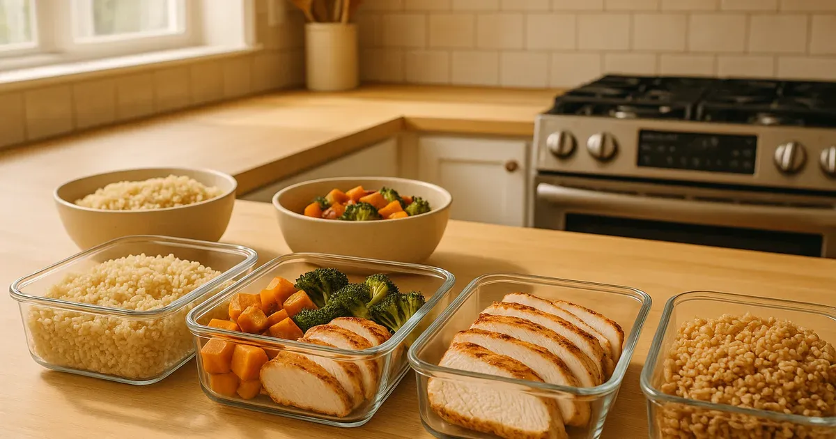 Meal prep containers with whole grains, vegetables and protein as part of a structured weight loss plan