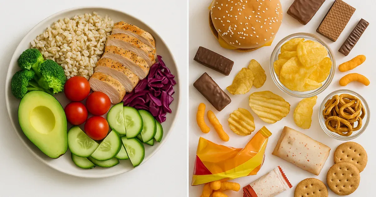 Side-by-side comparison of whole foods versus ultraprocessed snacks illustrating weight loss tips for better food choices